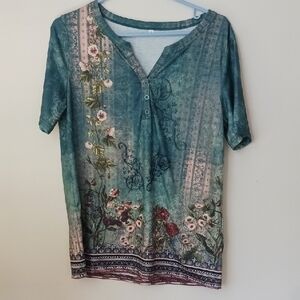 Reitmans Teal and Pink Floral Short Sleeve Top